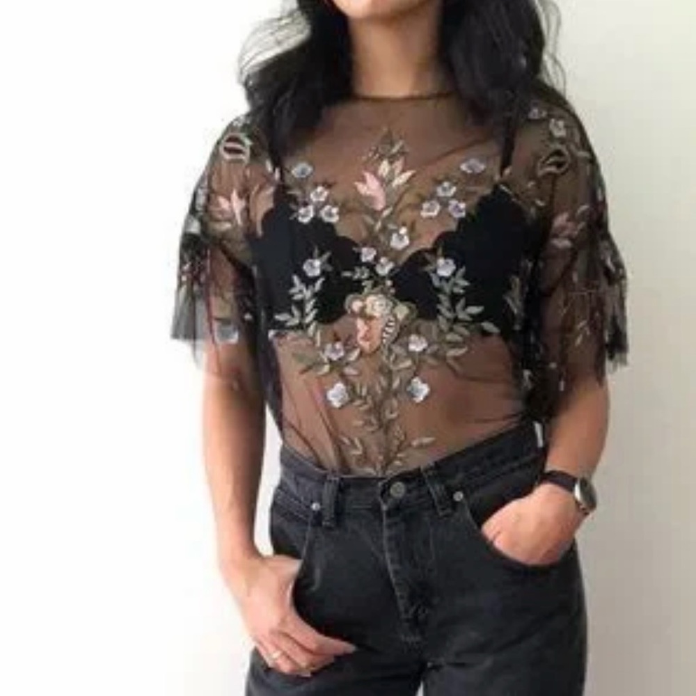 Zara Mesh Blue, Pink, Green floral embroidered Blouse size xsmall